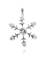 Alexander James White Gold Rhodium Bonded Snowflake Pendant with Prong Set Round Cut Clear Cubic Zirconia in Silvertone Chain Not Included