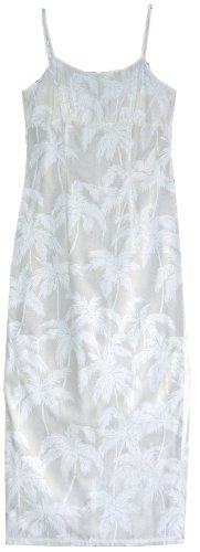 Empire Waist Long Sundress - Palm Trees Spaghetti Strap Hawaiian Aloha Tailored Fit Ankle Length Sun Dress in Wedding White - M