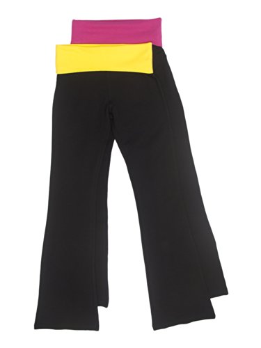 2 Pack Popular Basic Women's Fold Down Waist Yoga Pants Med Fuchsia, Yellow