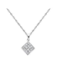 14K White Gold Cluster CZ Cubic Zirconia Square Charm Pendant with White Gold 1.2mm Singapore Chain with Spring Ring Clasp - 16" Inches - Pendant Necklace Combination
