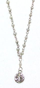 Precila G. Designs Handmade Mini Rice Pearl Chain Necklace with Silver Mini Cross Pendant and Pearl Inset