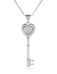 Sterling Silver Cubic Zirconia Raised Heart Key Locket Pendant Necklace