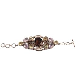 Link Bracelet Sterling Silver Multi Gemstones 7 Inches