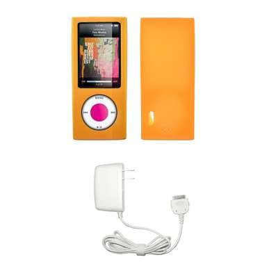 Premium Orange Soft Silicone Gel Skin Cover Case + Wall Travel/Home Charger for Apple iPod Nano 5G, 5th Generation [Accessory Export Packaging]