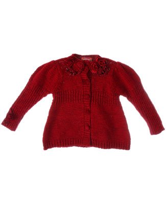 Kate Mack Red Knitted Button Front Sweater with Roses and Beads