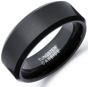 8mm Black Matte Finish / High Polish Bevel Edge Men's Tungsten Ring Wedding Band (Available in Sizes 7 to 14) Please Email sizes