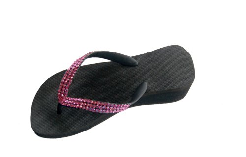 SWAROVSKI CRYSTAL HIGH WEDGE BLACK PINK THONGS SANDALS FLIP FLOPS U.S. 5-10