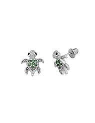 .925 Sterling Silver Rhodium Plated 10mm(H) x 8mm(W) Green CZ Turtle Children Stud Earrings with Screw-back