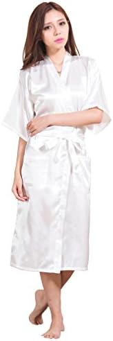 FUNG Women's Long Style Plain Satin Robe White L