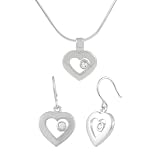 Sterling Silver CZ Heart Necklace and Earrings Set