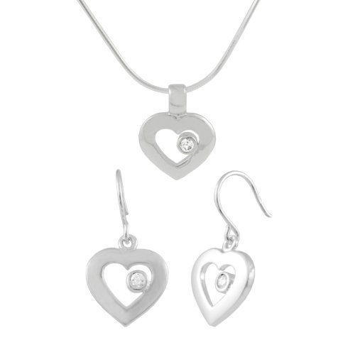 Sterling Silver CZ Heart Necklace and Earrings Set