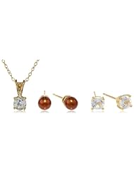 18k Yellow Gold-Plated Sterling Silver, White Topaz and Brown Chinese Freshwater Cultured Pearl (4.5-5mm) Earrings and Pendant Necklace (18") Jewelry Set