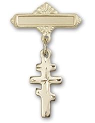 Gold Filled Baby Badge with Greek Orthadox Cross Charm and Polished Badge Pin