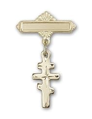 Gold Filled Baby Badge with Greek Orthadox Cross Charm and Polished Badge Pin