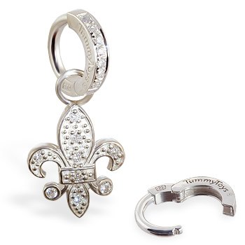 Changeable Fleur-de-Lis Silver Swinger Charm On CZ Pave Belly Ring Mix and Match Your Body Jewelry