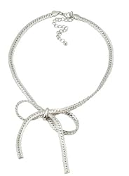 HOT & TRENDY Metal Mesh Bow Statement Necklace - Silver Plated
