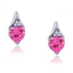 Heart Cut Created Pink Sapphire & Diamond Stud Earrings in White Gold