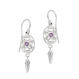 Sterling Silver February Birthstone Oval Celtic w  Genuine Amethyst Center Drop Earrings