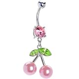 Pink Gem Pearl Cherry Dangle Belly Ring