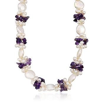 5-13mm Cultured Pearl and Amethyst Torsade Necklace, Sterling Silver, 17\