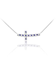 14k White Gold Diamond and Sapphire Sideways Curved Cross Necklace