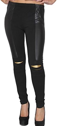 Women new comfortable Leggings featuring slashed knees with shiny stripe side (Black, S/M(6-8))