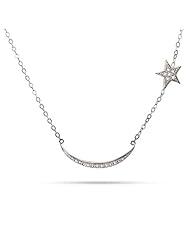 Sideways Moon and Star CZ Silver Necklace