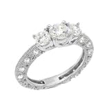 Sterling Silver Filigree Engagement Ring With Round Cubic Zirconia in a 4 Prong Setting with Two Smaller Sidestones