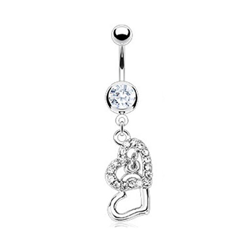 JADE Onlines Body Piercing Navel Belly Button Ring Bar - Silver Hollow Hearts Pendant Style