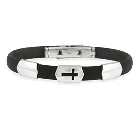 Stainless Steel and Rubber Men's Bracelet with Cross