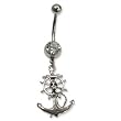 Stainless Steel Belly Ring with Clear Australian Crystals - Dangling skull, crossbones, and helm 14g/5mm ball