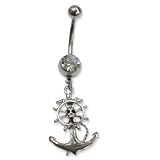 Stainless Steel Belly Ring with Clear Australian Crystals - Dangling skull, crossbones, and helm 14g/5mm ball