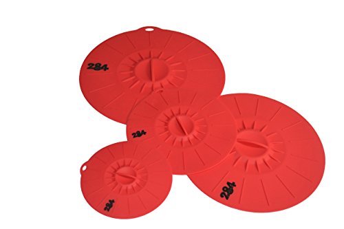 Premium Lily Pad Silicone Lid 4pc Set - 284 LIVING TM - Suction Lids Food Saver Container Covers - (Set of 4 sizes. Small 6", Medium 8 ¼", Large 10 ¼" and XLarge 11 ¾") (Red)