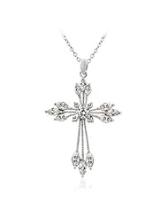 Alexander James White Gold Rhodium Bonded Cross Pendant with Prong Set Marquise and Round Cut Clear Cubic Zirconia in Silvertone Chain Not Included