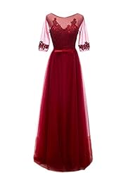 A-line Tulle Scoop Neck Elbow Length Sleeves Jeweled Applique Evening Dress 