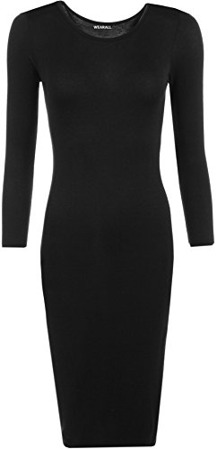 WearAll Women's Bodycon Stretch Plain Long Sleeve Round Neck Midi Dress