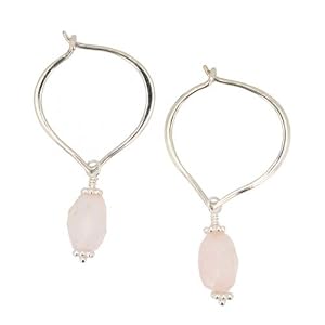 Pink Rose Quartz Gemstone Bead Earrings on Sterling Silver Hoop, #7508