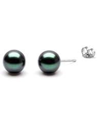 HinsonGayle AAA Handpicked 8.5-9.0mm Black Cultured Pearl Stud Earrings (Solid 14K White Gold)