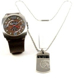 Diesel Gents Leather Watch And Stainless Steel Dog Tag Gift Set