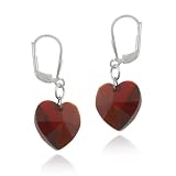 Sterling Silver Leverback Earrings with Dark Red Swarovski Elements Heart Drop