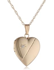 14k Yellow Gold Satin and Polished Heart Locket with Genuine Diamond Necklace, 18"