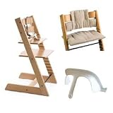 Stokke Tripp Trapp High Chair, Cushion, and Baby Rail - Natural with Tan and White Stripe Cushion