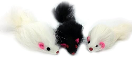 Real Rabbit Fur Long Hair Rattle Mouse Cat Toy 3 Pack Black, White. Fun Pack! PK Pet Products