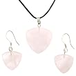 Rose Quartz Trillion Shaped Pendant and Earrings Set - 22mm Pendant, 16mm Earrings - Adjustable Cord Necklace