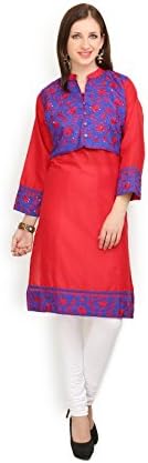 IndusDiva Women's Red and Blue Cotton Straight Cut Kurti
