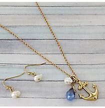 Goldtone Anchor and Bead Necklace and Earring Set. 18" Necklace with 2.5" Extender. 1.25" Charm Cluster. Fish Hook Style with .5" Drop. Lead Compliant.
