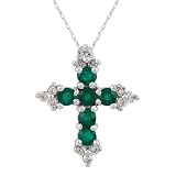 0.50cttw Natural White Round Diamond (SI-Clarity,G-H-Color) and Created Emerald Cross Pendant in 14k White Gold.Included with 18 inch 14k White Gold Rope Chain.