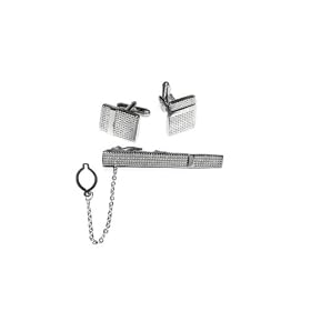 Studded Silver Colored Rectanguler Men's Cuff Link and Tie Clip Set