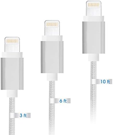 TEAMAR 3 Packs(3ft 6ft 10ft), iPhone Usb Charger Cable, Lightning Cable Charging Cord Nylon Braided Apple USb Cable for iPhone 6s/ 6s Plus/ 6 Plus/ 6/ 5s/ 5c/ 5, iPad Mini/ Air/ 5 and iPod Silver