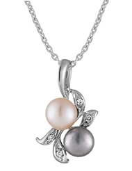 Genuine Silver Elegance (TM) Rhodium Plated .925 Sterling Silver Peach and Grey Freshwater Pearl and CZ Pendant (20 x 18 mm) on an 18 inch Cable Chain Necklace. 100% Satisfaction Guaranteed.